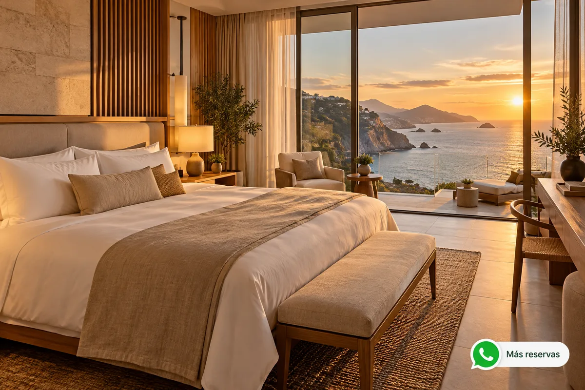 Habitación elegante con vista panorámica, ícono de WhatsApp y etiqueta «Más reservas».
