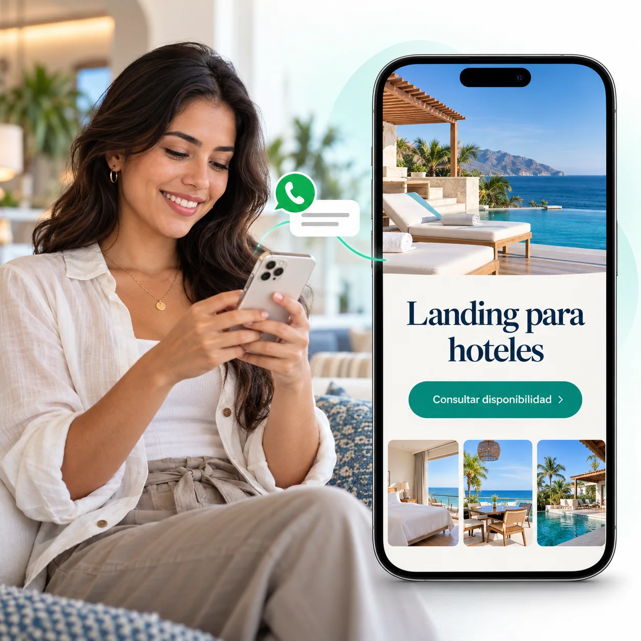 Una mujer consulta su teléfono junto a una pantalla con una landing de hotel, vistas al mar y una opción para consultar disponibilidad por WhatsApp