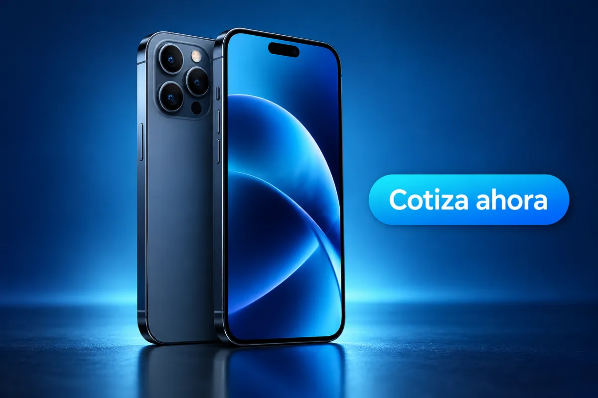 Smartphone moderno sobre fondo azul con una etiqueta que dice «Cotiza ahora».