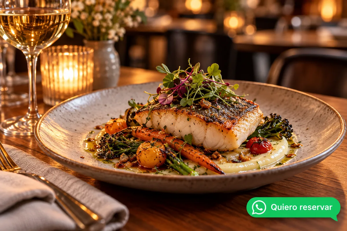 Plato destacado servido en una mesa cálida con una burbuja de WhatsApp que dice «Quiero reservar».