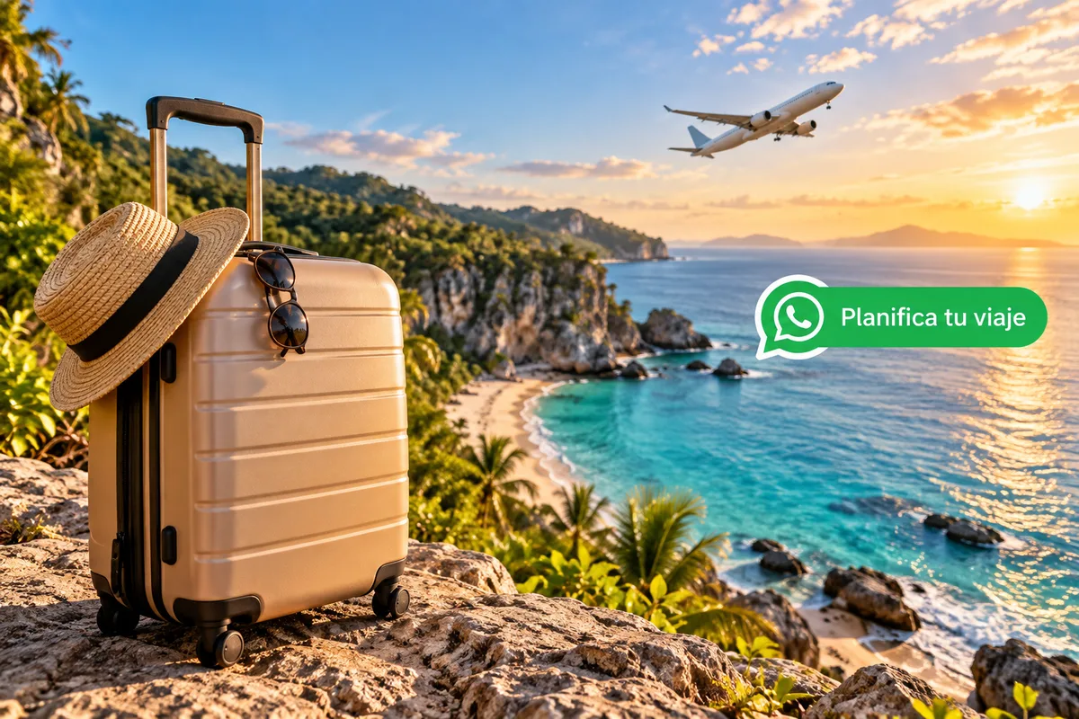 Maleta, avión y paisaje turístico con una burbuja de WhatsApp que dice «Planifica tu viaje».